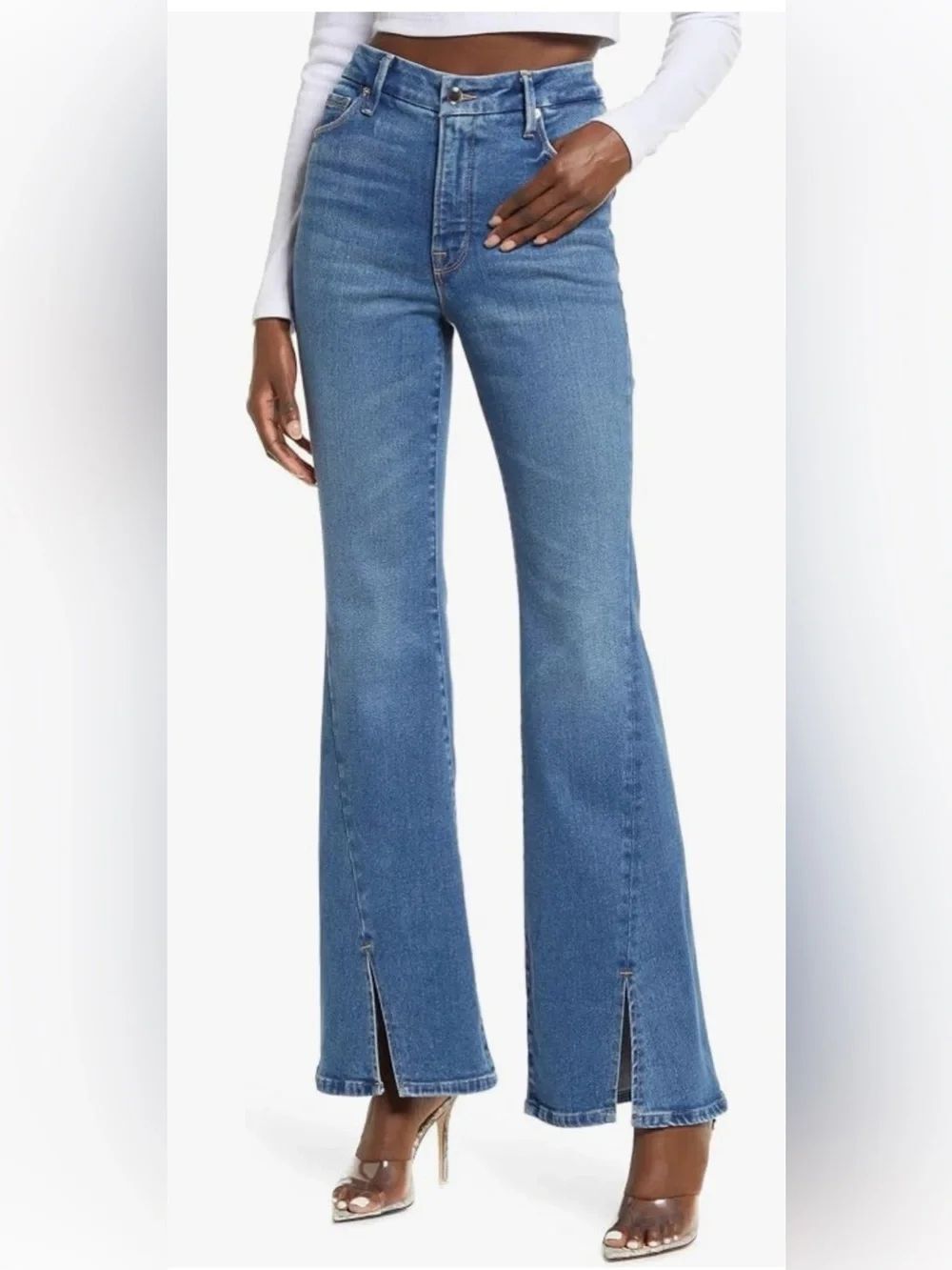 Good American Medium Blue High-Rise Flare Jeans with Front Slits size 4/27